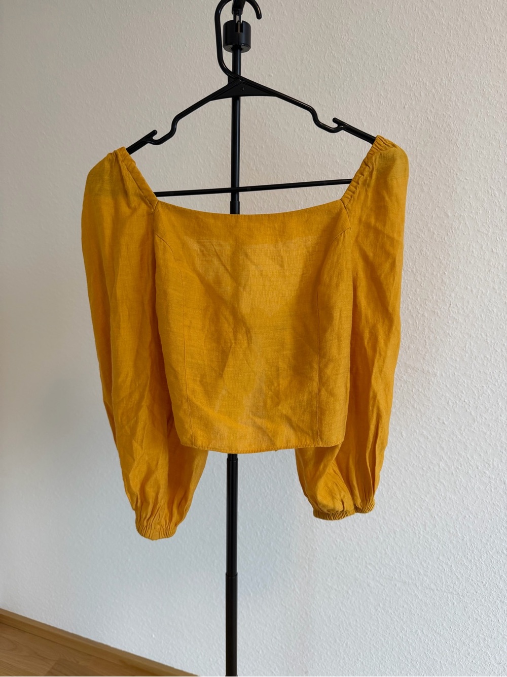 Express Mustard Yellow Puff-Sleeve Square Neck Blouse